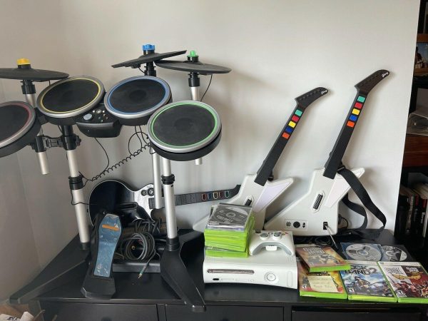 xbox 360 guitar hero lot game controller drums console cords rock band 2 3 tour