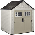 rubbermaid 7x7 ft durable weather resistant resin outdoor garden storage shed with windows and utility hooks, sand