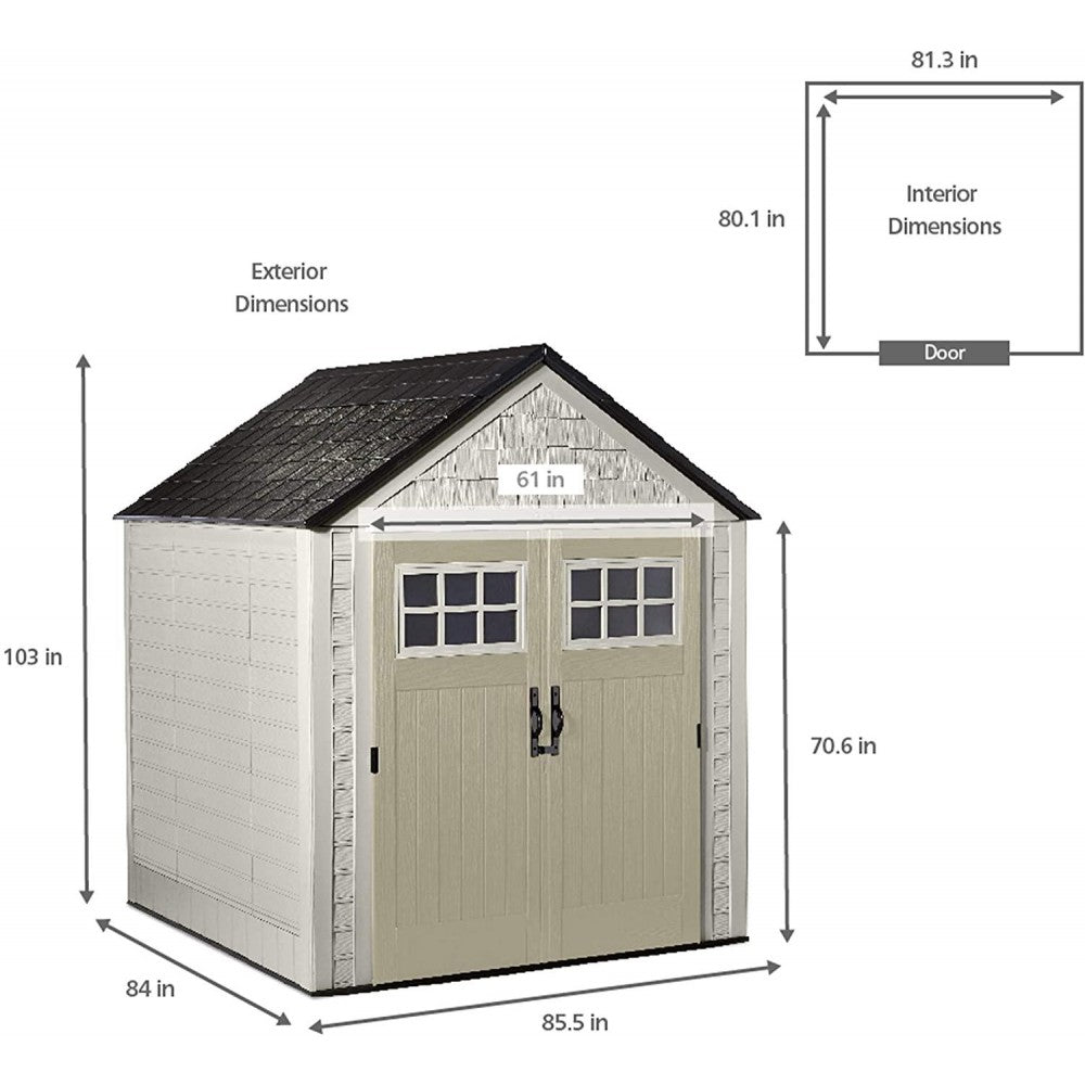 rubbermaid 7x7 ft durable weather resistant resin outdoor garden storage shed with windows and utility hooks, sand