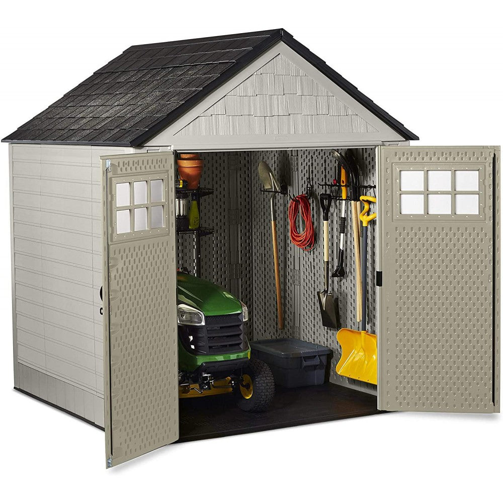 rubbermaid 7x7 ft durable weather resistant resin outdoor garden storage shed with windows and utility hooks, sand