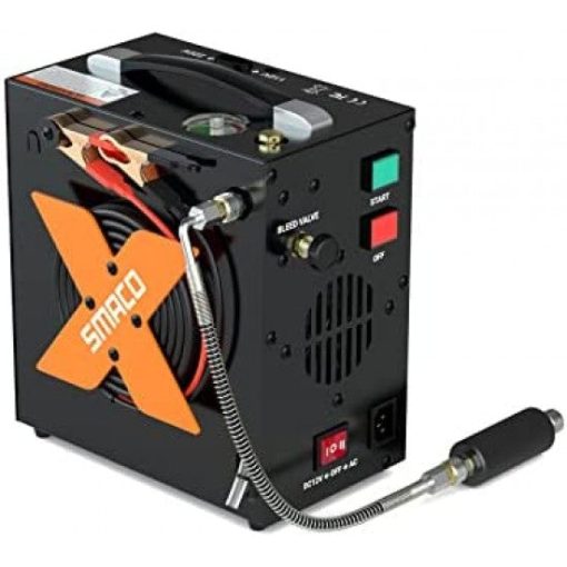 smaco pcp air compressor 4500psi/30mpa high pressure air compressor paintball scuba tank compressor hpa pump fill station auto-stop,oil-free powered by 12v dc or 110v ac with water/oil separator