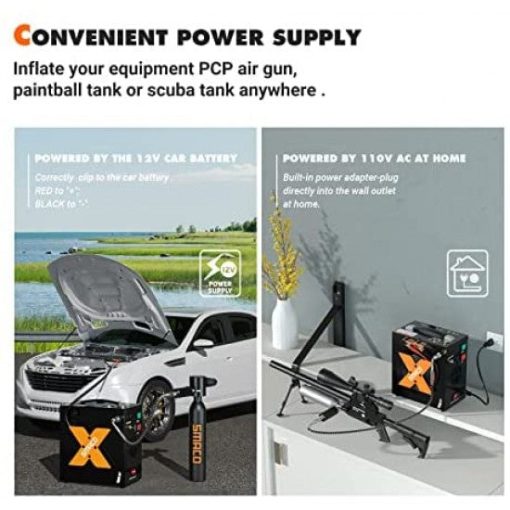 smaco pcp air compressor 4500psi/30mpa high pressure air compressor paintball scuba tank compressor hpa pump fill station auto-stop,oil-free powered by 12v dc or 110v ac with water/oil separator