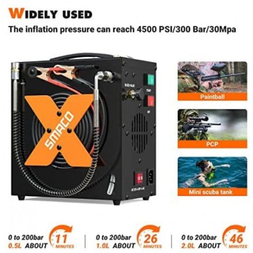smaco pcp air compressor 4500psi/30mpa high pressure air compressor paintball scuba tank compressor hpa pump fill station auto-stop,oil-free powered by 12v dc or 110v ac with water/oil separator
