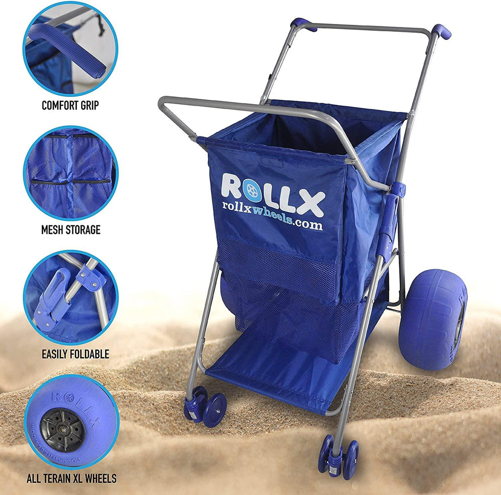 rollx foldable storage wagon beach cart 12 inch balloon wheels - ( pump included ) (blue)