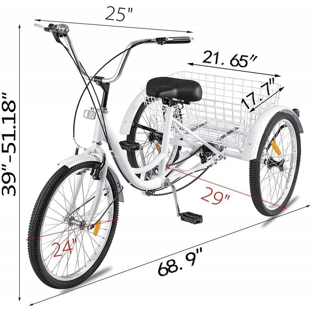 Adult Tricycle Bike, 7 Speed 24in 3-Wheeled Bicycle Cruiser Tricycle with Shopping Basket for Recreation Shopping
