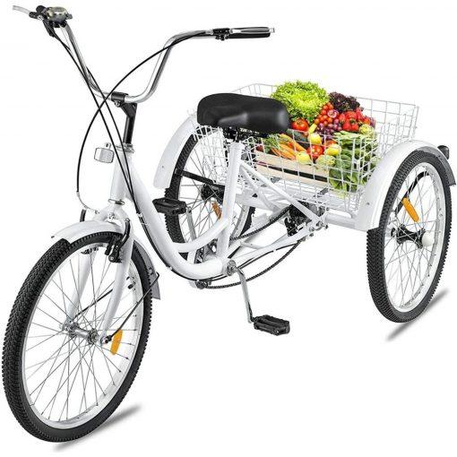 Adult Tricycle Bike, 7 Speed 24in 3-Wheeled Bicycle Cruiser Tricycle with Shopping Basket for Recreation Shopping