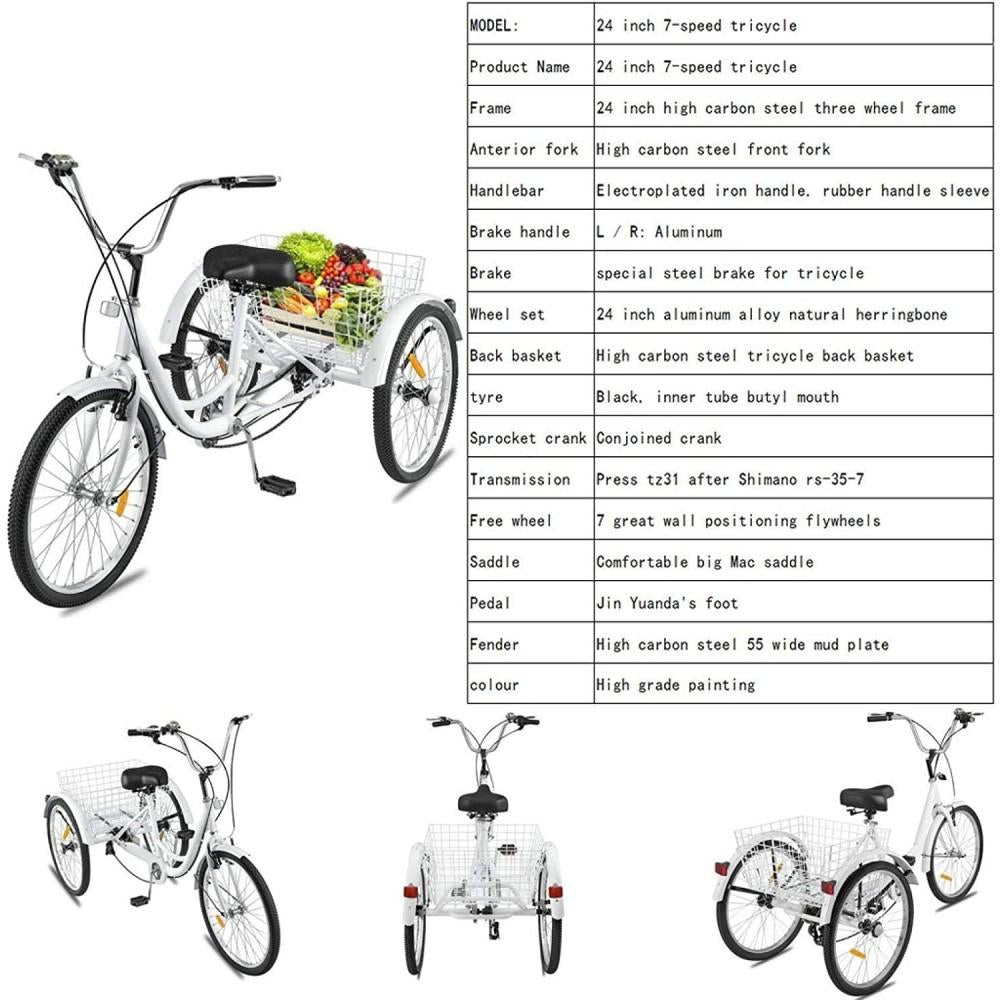 Adult Tricycle Bike, 7 Speed 24in 3-Wheeled Bicycle Cruiser Tricycle with Shopping Basket for Recreation Shopping
