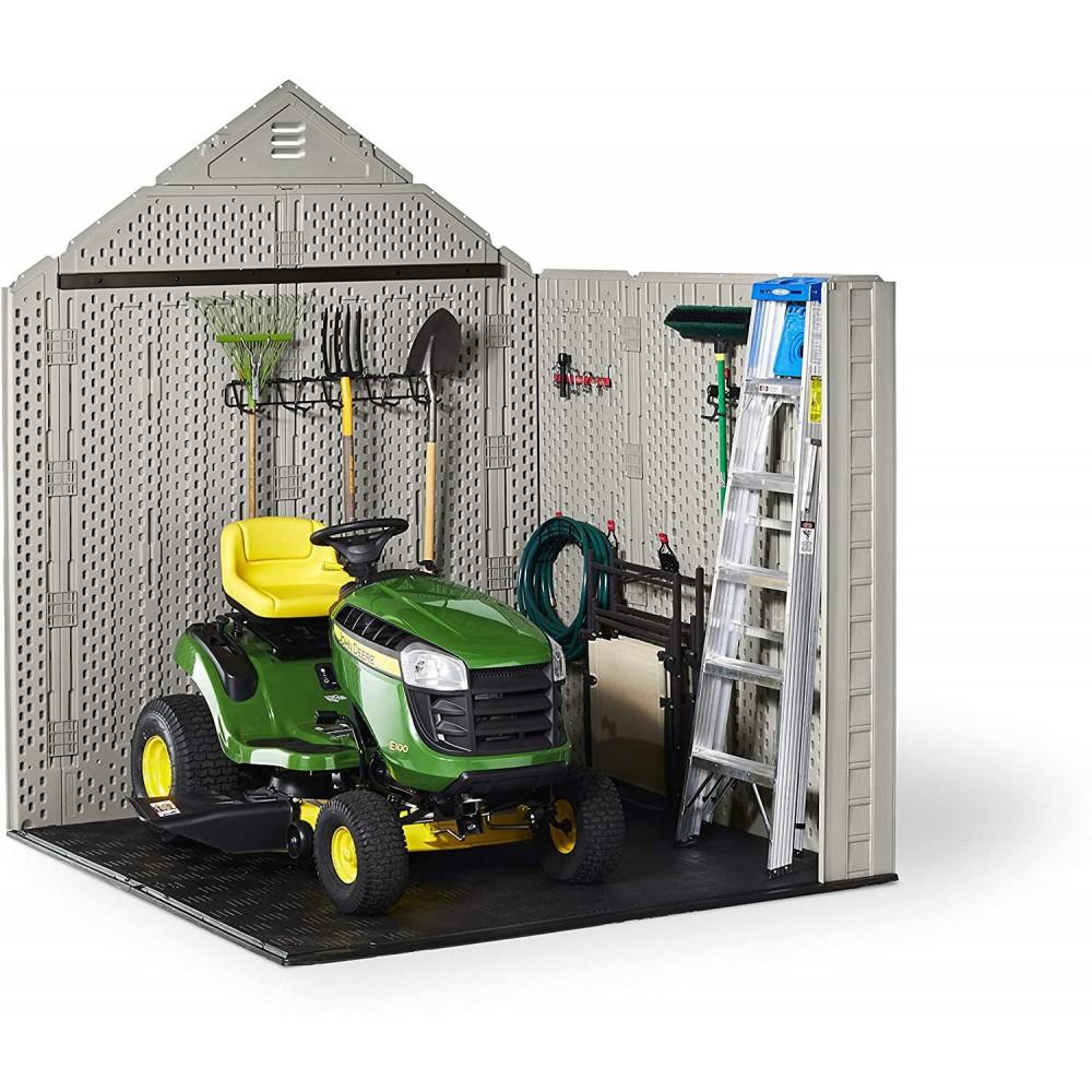 Rubbermaid 7×7 Ft Durable Weather Resistant Resin Outdoor Garden Storage Shed with Windows and Utility Hooks, Sand