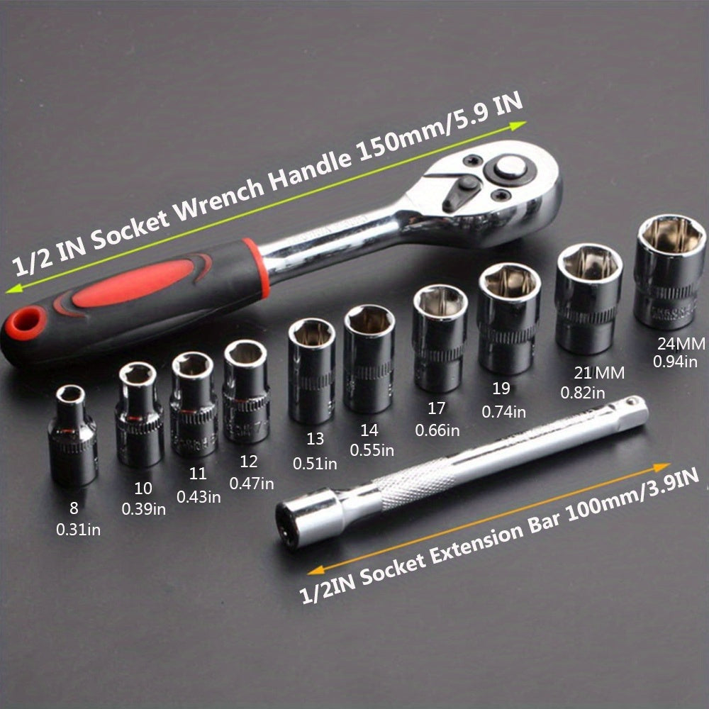 12 Pieces Ratchet Wrench Set ,Chrome Plated Steel 1/4 3/8 1/2InchTwo-way Wheel Wrench Auto Repair Tool-V-BR11