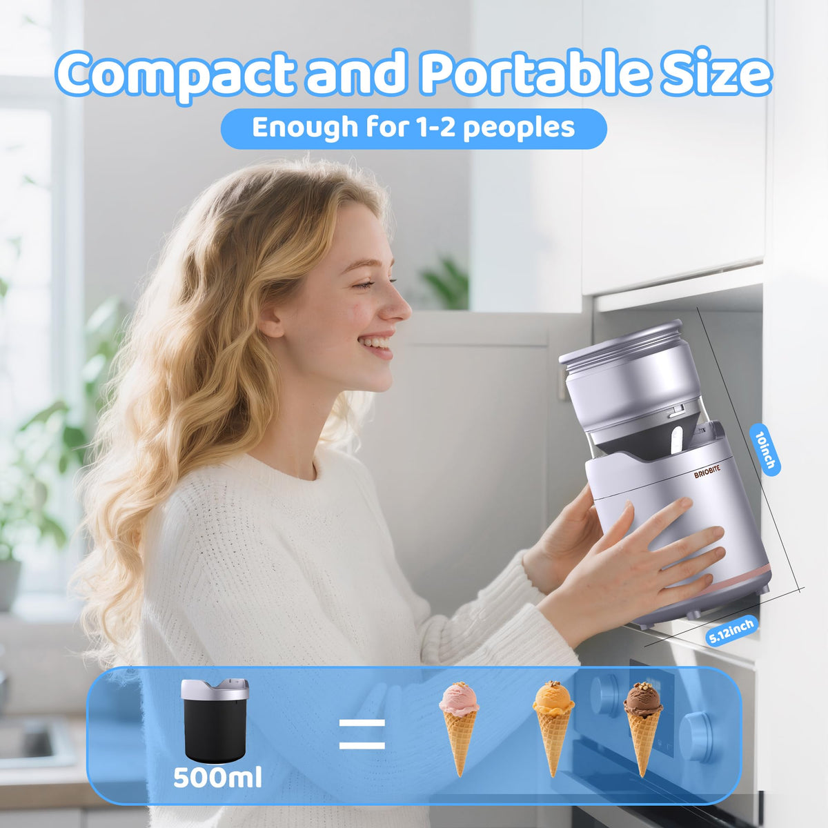 Ice Cream Maker,Rechargeable Soft Ice Cream Machine with Low Noise,Compact for 1-2 Servings,Perfect for Sorbet,Gelato,Frozen Yogurt,Silver