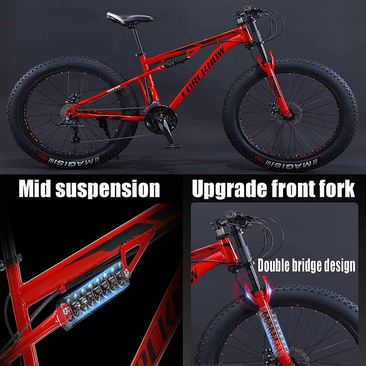 NENAGFat Tire Bike for Men, 26 Inch 27 Speed Mountain Bike, 4 Inch Wide Tire Beach Snow Mountain Bicycle, Full Suspension Fork Dual Disc Brakes MTB with Adjustable Seat,Black