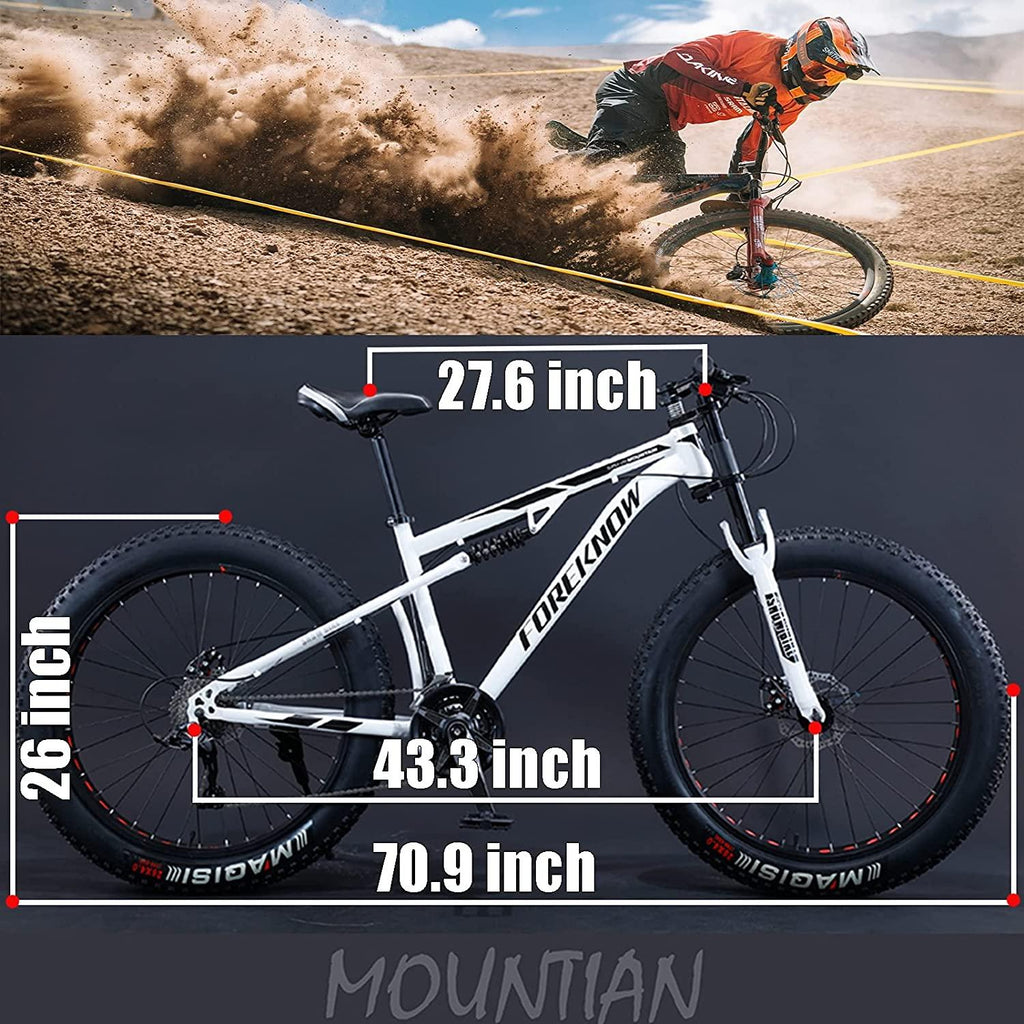 NENAGFat Tire Bike for Men, 26 Inch 27 Speed Mountain Bike, 4 Inch Wide Tire Beach Snow Mountain Bicycle, Full Suspension Fork Dual Disc Brakes MTB with Adjustable Seat,Black