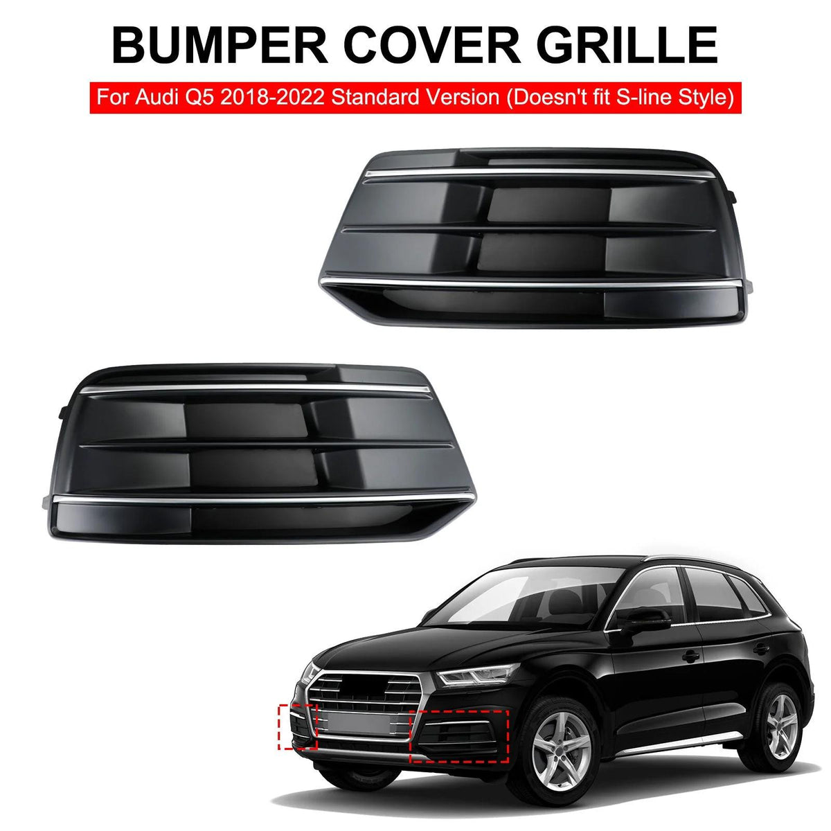 2018-2023 Audi Q5 Standard Version 2PCS Black/Chrome Front Bumper Cover Grille Bezel Insert Generic