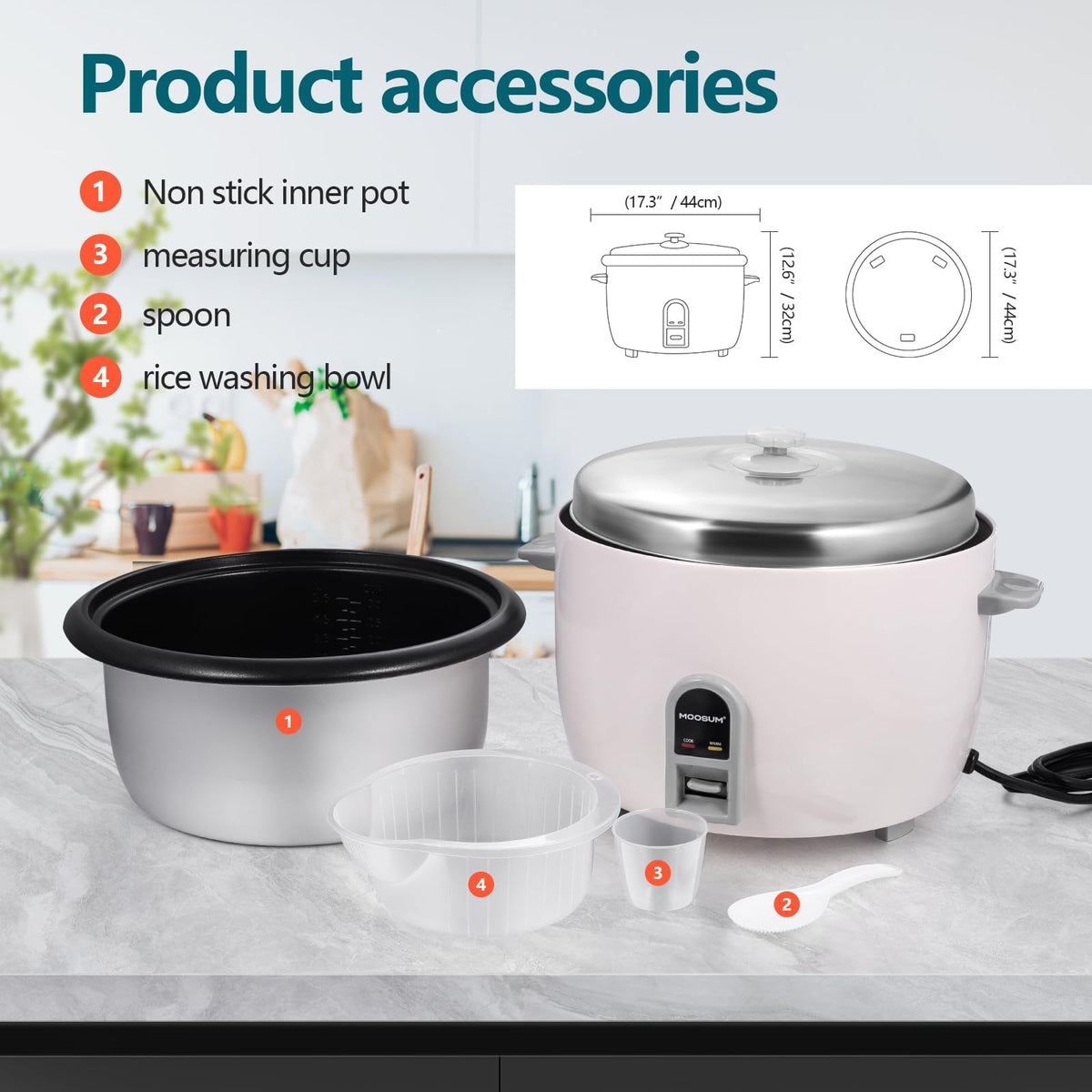 Commercial Rice Cooker, LarCapacity 30-Cup (UnCooked), 60-Cup (Cooked) with One Touch Operation and 12-Hour Keep Warm, Easy to Use and clean, 1600W, White