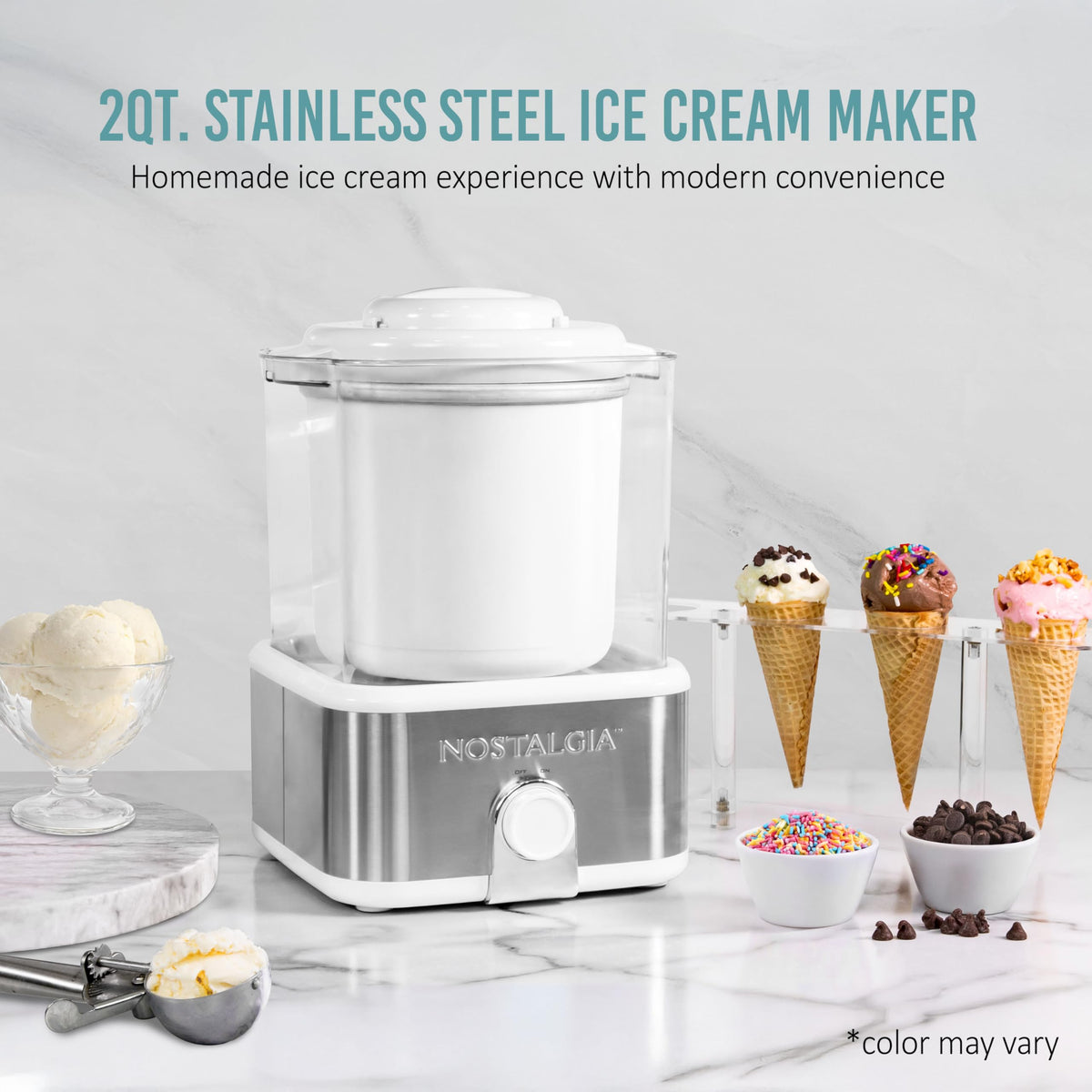 Electric Ice Cream Maker with 2-Qt Double Insulated Gel Canister &  Steel Base - Makes Sorbet, Soft Serve, and Frozen Yogurt - White