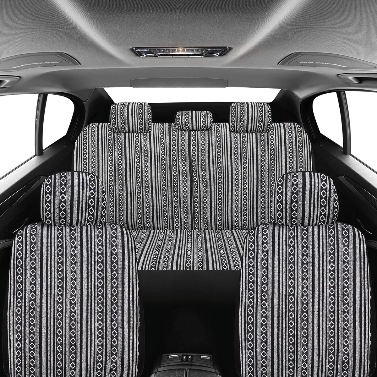 Pariitadin Baja Saddle Blanket Car Seat Covers Full Set with Seat Belt Pads, Washable Breathable Striped Woven Cloth Seat Covers for Cars, Universal Fit Most Cars, Airbag Compatible, Black/White