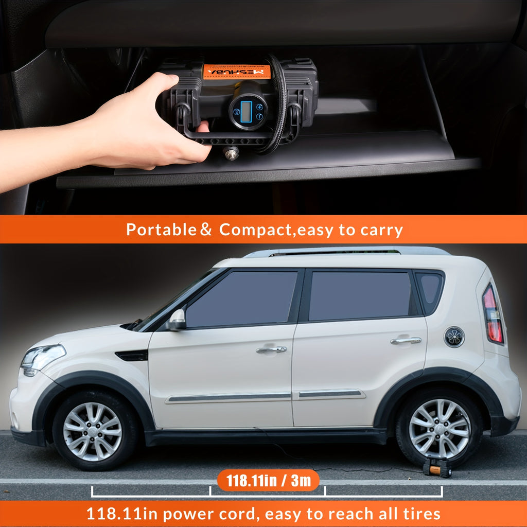 MESHUBA Tire Inflator 12V Portable Air Compressor, 150PSI Air Pump For Car Tires With Digital Pressure GauFor Car Bike Motor Ball, Orange