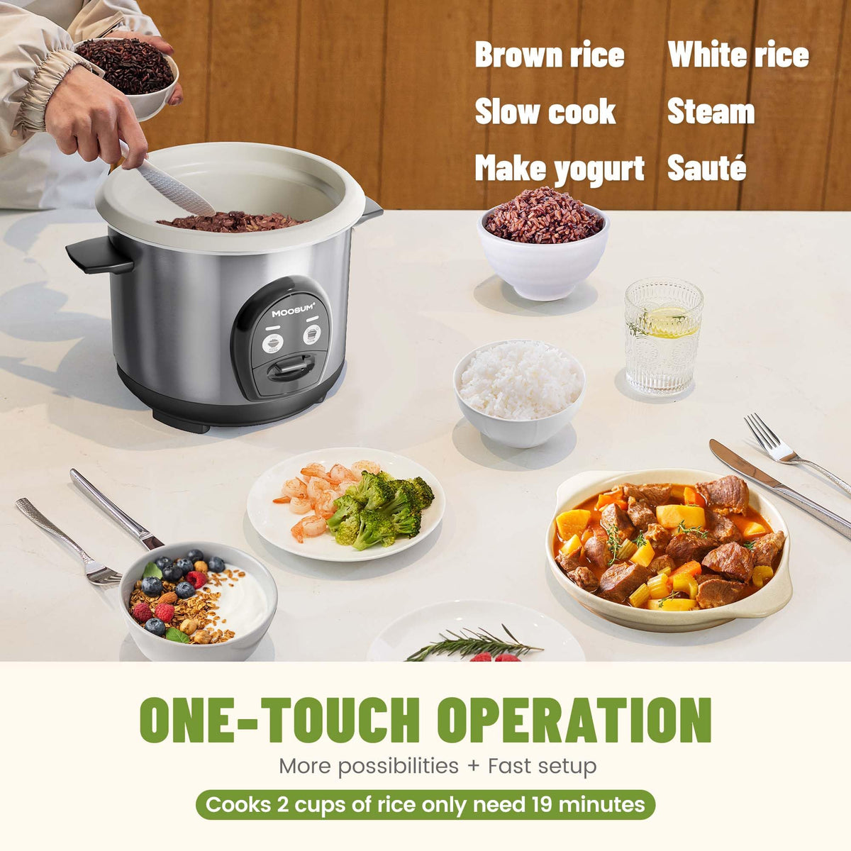 3-Cup Uncooked Rice Cooker Small - Ceramic Coating Non-Toxic Inner Pot, One-Touch Multifunction for Rice/Sauté/Yogurt, Dishwasher Safe, 1-3 People Size,  Steel