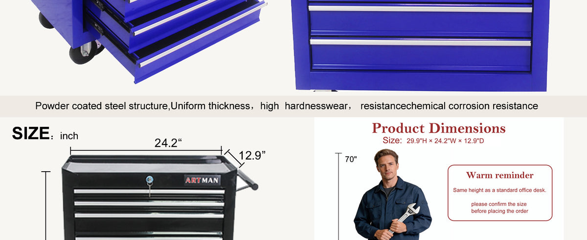 7 Drawers Rolling Tool Chest & Tool Box on Wheels | Heavy Duty Metal Cart with Ball Bearing Drawers | Fits US General Tool Box for GaraStora(Blue, 7 Drawers（29.9" H × 24.2" W × 12.9" D)