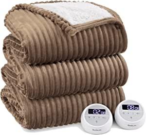 Heated Blanket Size - Soft Ribbed Fleece Fast Heating Electric Blanket with 10 Heating Levels  10 Time Settings, 8 Hours Auto-Off Heated Blanket, Dual Control (90×100 inches, Brown)