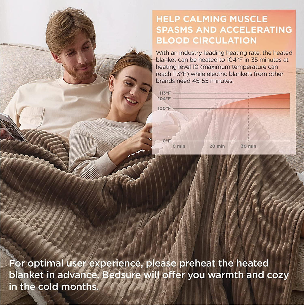 Heated Blanket Queen Size - Soft Ribbed Fleece Fast Heating Electric Blanket with 10 Heating Levels  10 Time Settings, 8 Hours Auto-Off Heated Blanket, Dual Control (84×90 inches,Brown)