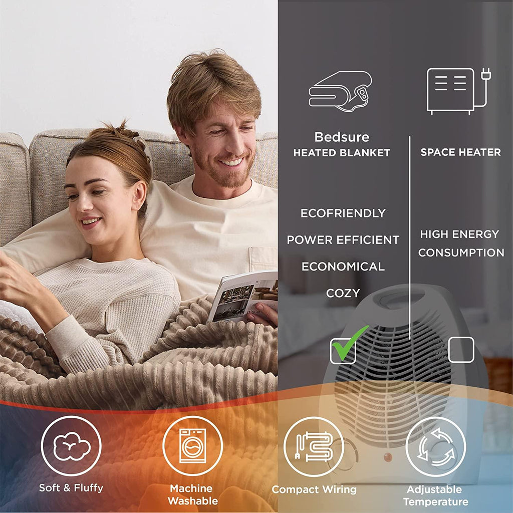 Heated Blanket Size - Soft Ribbed Fleece Fast Heating Electric Blanket with 10 Heating Levels  10 Time Settings, 8 Hours Auto-Off Heated Blanket, Dual Control (90×100 inches, Brown)