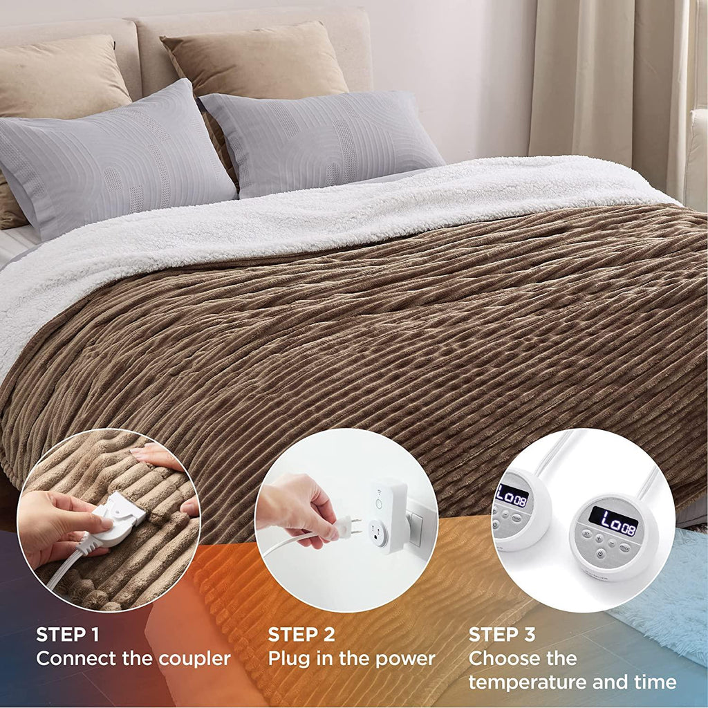 Heated Blanket Queen Size - Soft Ribbed Fleece Fast Heating Electric Blanket with 10 Heating Levels  10 Time Settings, 8 Hours Auto-Off Heated Blanket, Dual Control (84×90 inches,Brown)