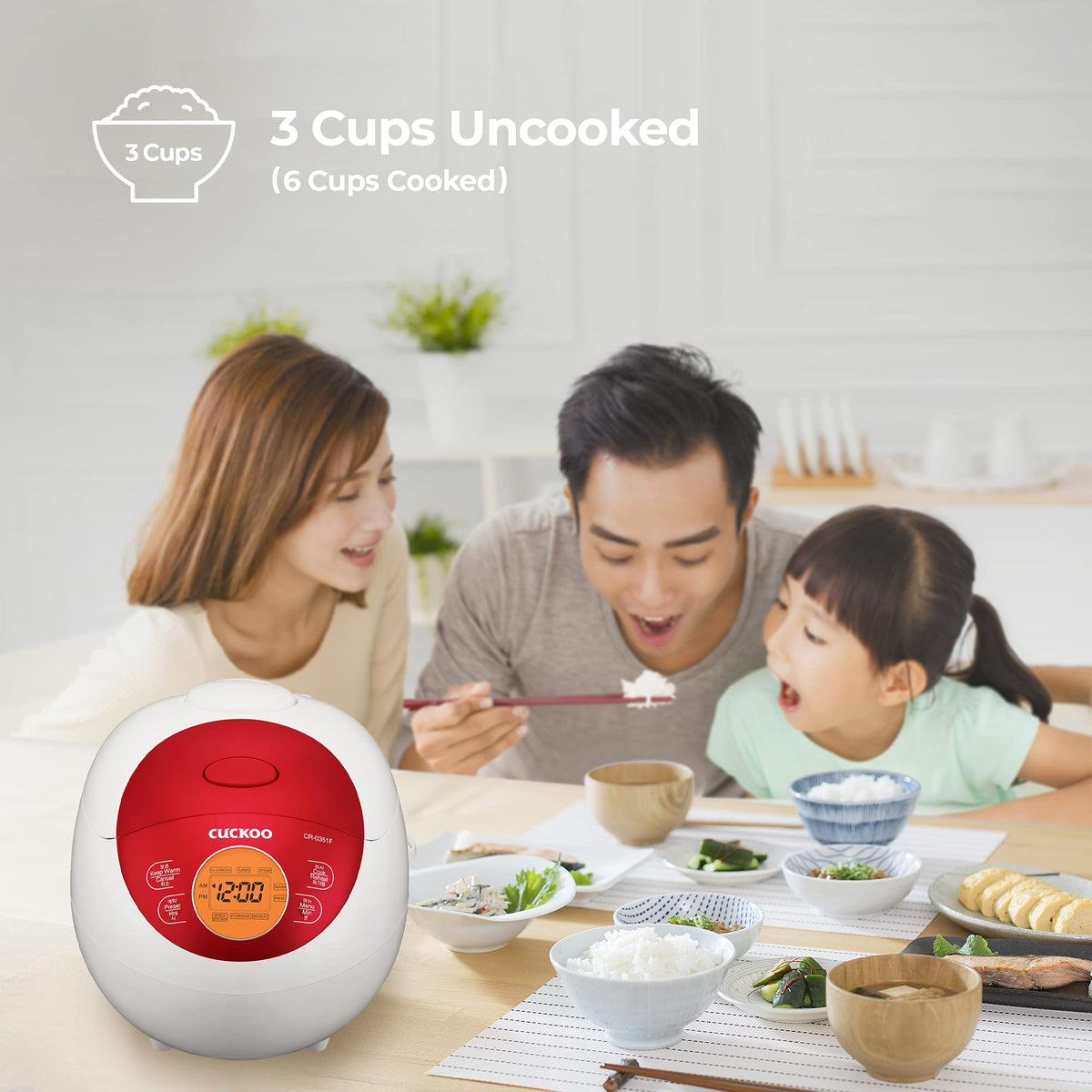 Micom Rice Cooker 3 Cup Uncooked / 6 Cup Cooked, Korean Fuzzy Logic Rice Cooker Small with Delay Timer & Keep Warm Setting, Versatile Food Steamer with Non-Stick Inner Pot, Red (CR-0351F)