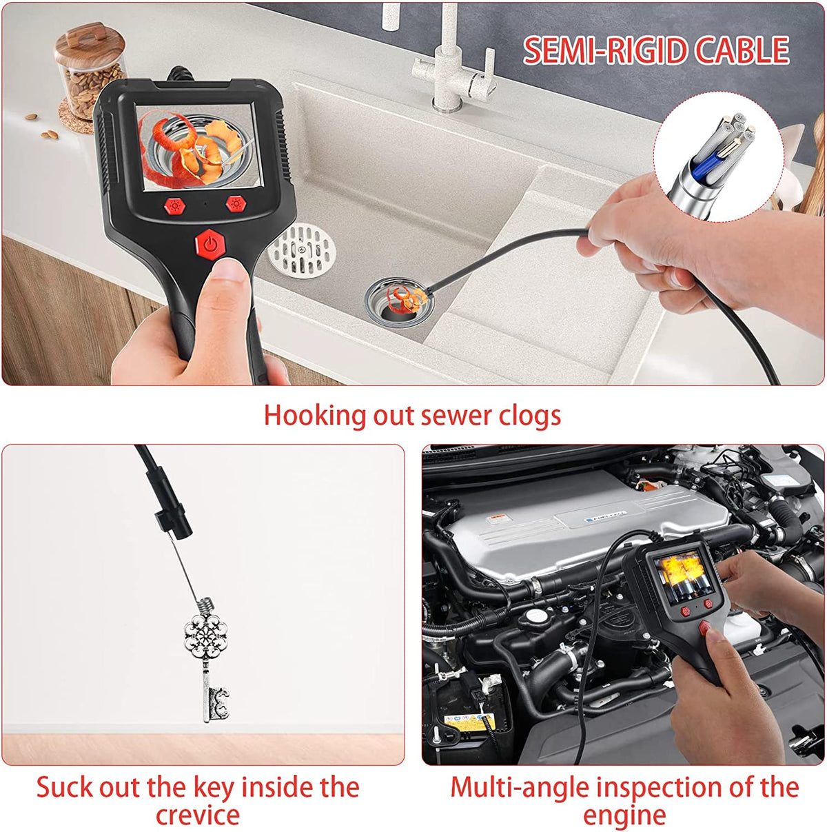 Borescope Endoscope Inspection Camera With 6 Led Lights, Handheld Sewer Endoscope Camera Screen Borescope Portable Snake Camera With 16.4FT