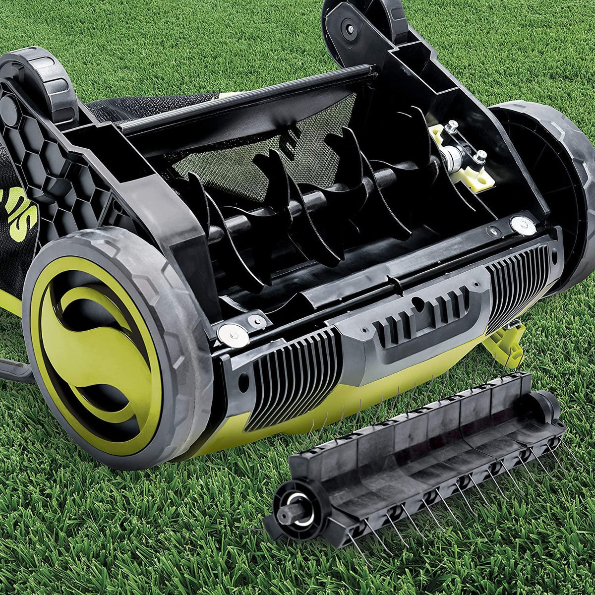 Sun Joe AJ798E 12-Amp 13-Inch Electric Dethatcher and Scarifier w/Removeable 8-Gallon Collection Bag, 4-Position Height Adjustment, Airboost Technology Increases Lawn Health