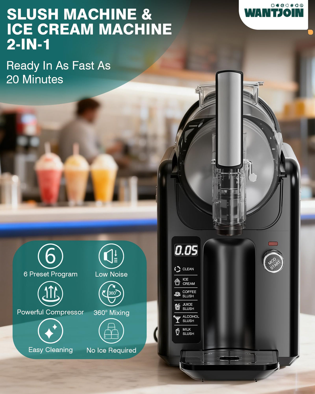 2-in-1 Slushie Machine – 72 oz Black Frozen Drink Machines with 6 Preset Modes, No Ice Needed, Quiet and Simple Knob Operation, Frozen Drink Maker for Ice Cream, Margarita & Slushy