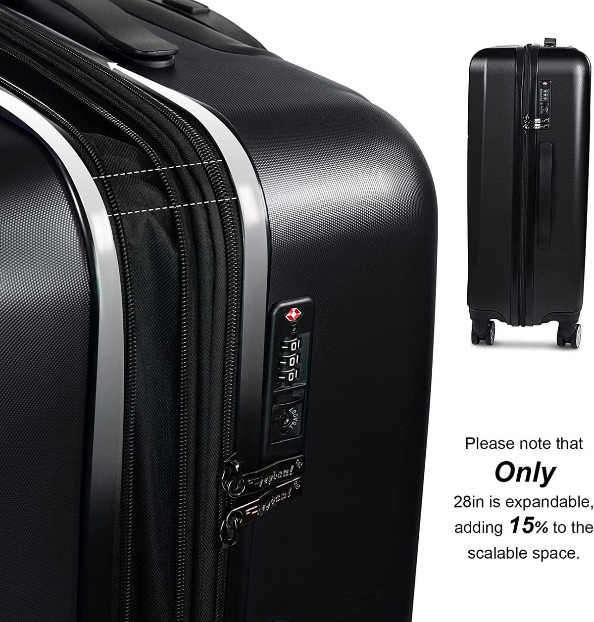 Luggage 3 Piece Set Suitcase Lightweight Hardside Removable-Spinner Wheels with TSA Lock(20',24',28')_Black, 828