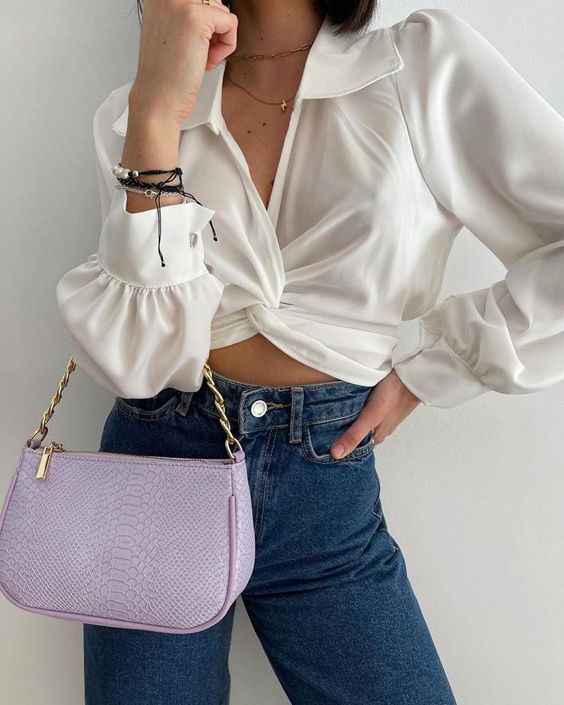 twisted front puff sleeve crop top