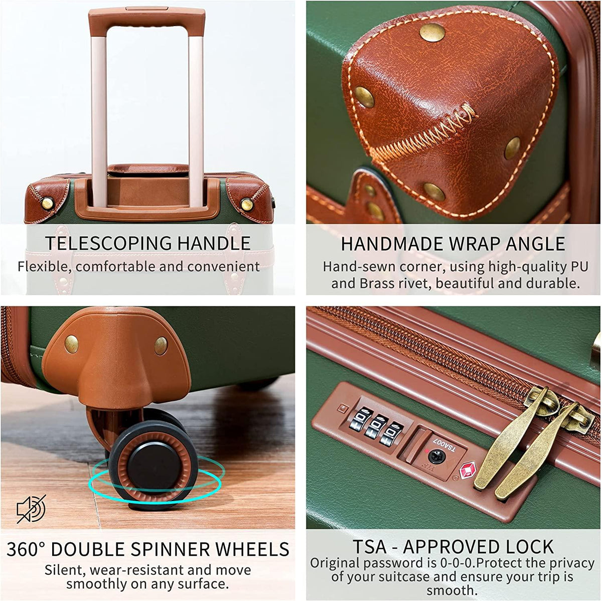 Luggage Sets 3 Pieces Luxury Cute Suitcase Retro Trunk Luggage with TSA Lock for Men and Women (Dark Green, 14" &amp; 20" &amp; 28")