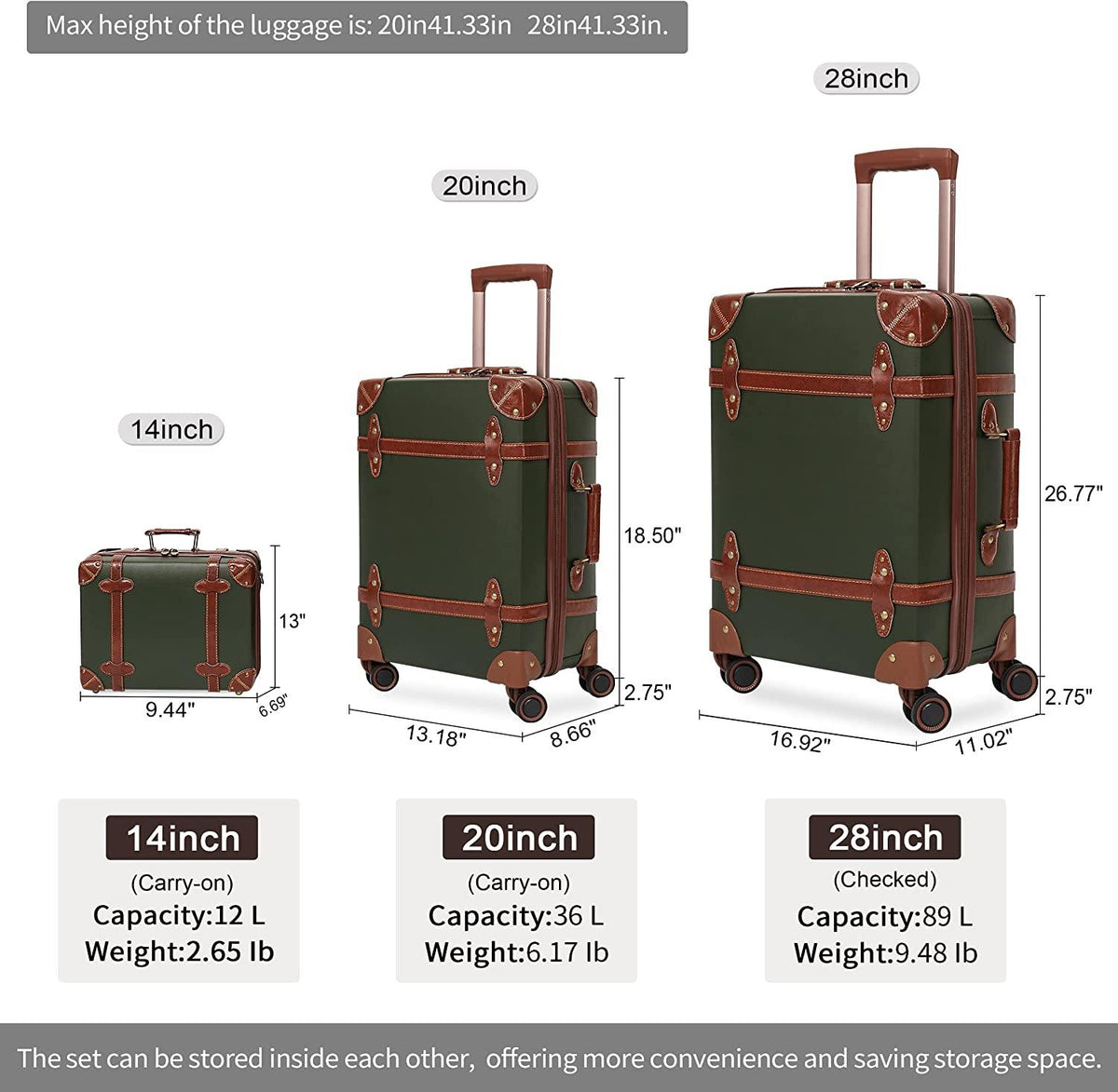 Luggage Set of 2 Pieces with TSA Lock Cute Retro Trunk luggage (Green, 14inch &amp; 28inch)