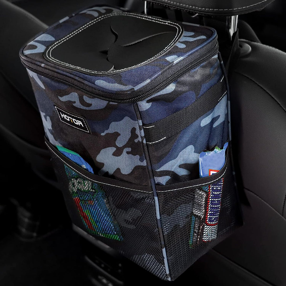 HOTOR Car Trash Can, Multifunctional Car Accessory for Interior Car Stuff Storage with Compact Design, Waterproof Car Organizer and Storage with Adjustable Straps, Magnetic Snaps (Camouflage Blue)