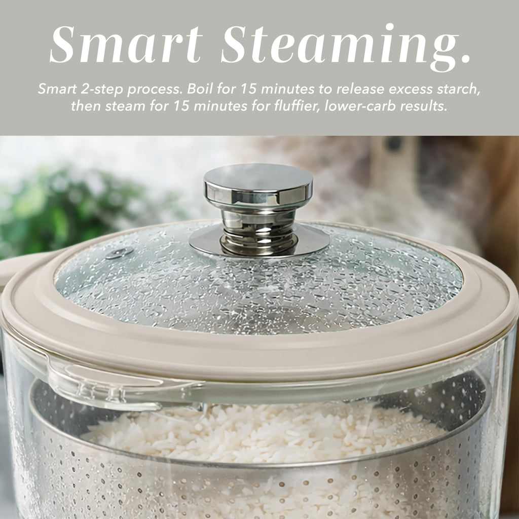 Glass Mini Low Carb Rice Cooker – Holds 2 Cups Raw/Makes 6 Cups Cooked with Auto Lift Filter Basket, Hotpot & Steamer for Rice, Grains, Digital Panel with Keep Warm, Cream