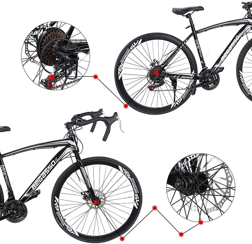Aluminum Road Bike, 21 Speed Disc Brakes Aluminum Frame Road Bicycles Begasso s Full Suspension Road Bike, 700c Dual Disk Brake  Release Racing Bicycles (White/Black)