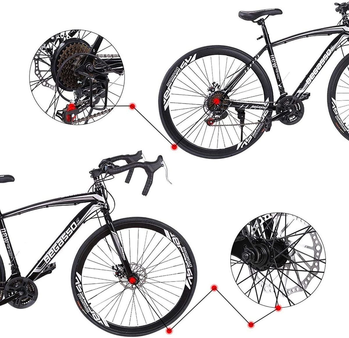 Aluminum Road Bike, 21 Speed Disc Brakes Aluminum Frame Road Bicycles Begasso s Full Suspension Road Bike, 700c Dual Disk Brake  Release Racing Bicycles (White/Black)
