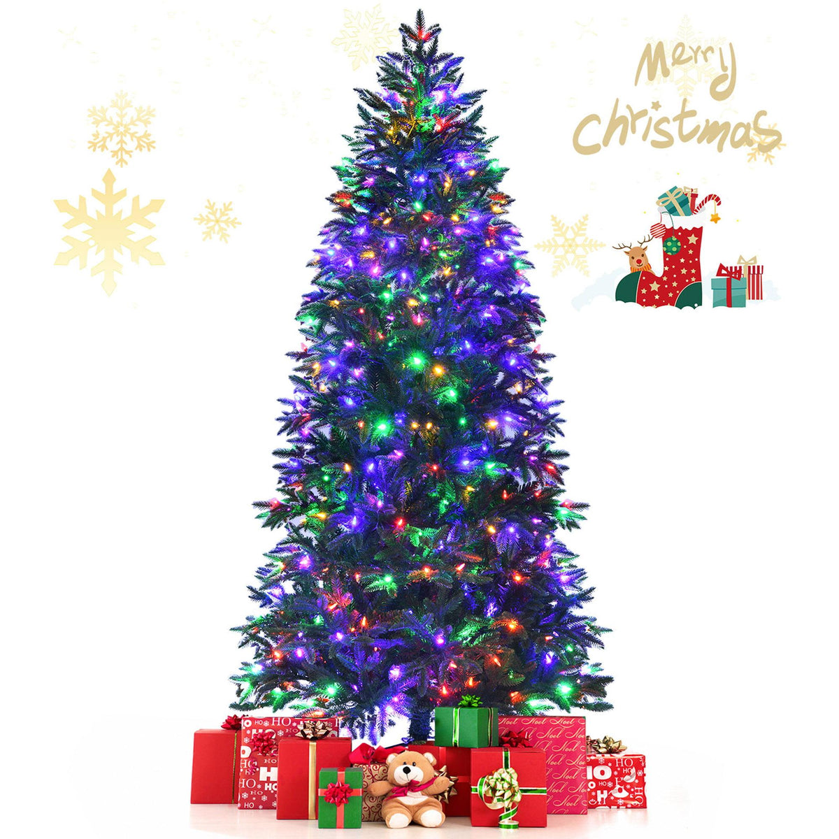 Gymax 7 FT Pre-Lit Artificial Christmas Tree Hinged Xmas Tree w/ Multicolor LED Lights