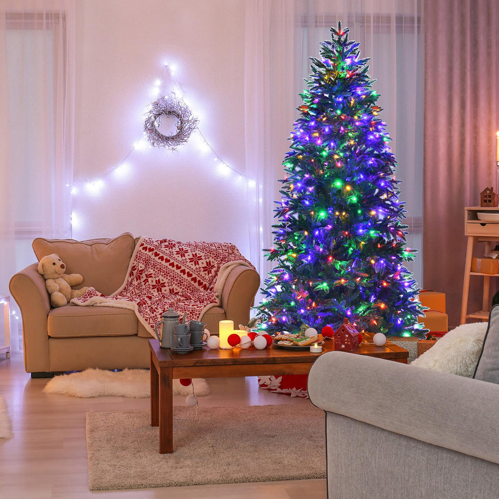 Gymax 7 FT Pre-Lit Artificial Christmas Tree Hinged Xmas Tree w/ Multicolor LED Lights