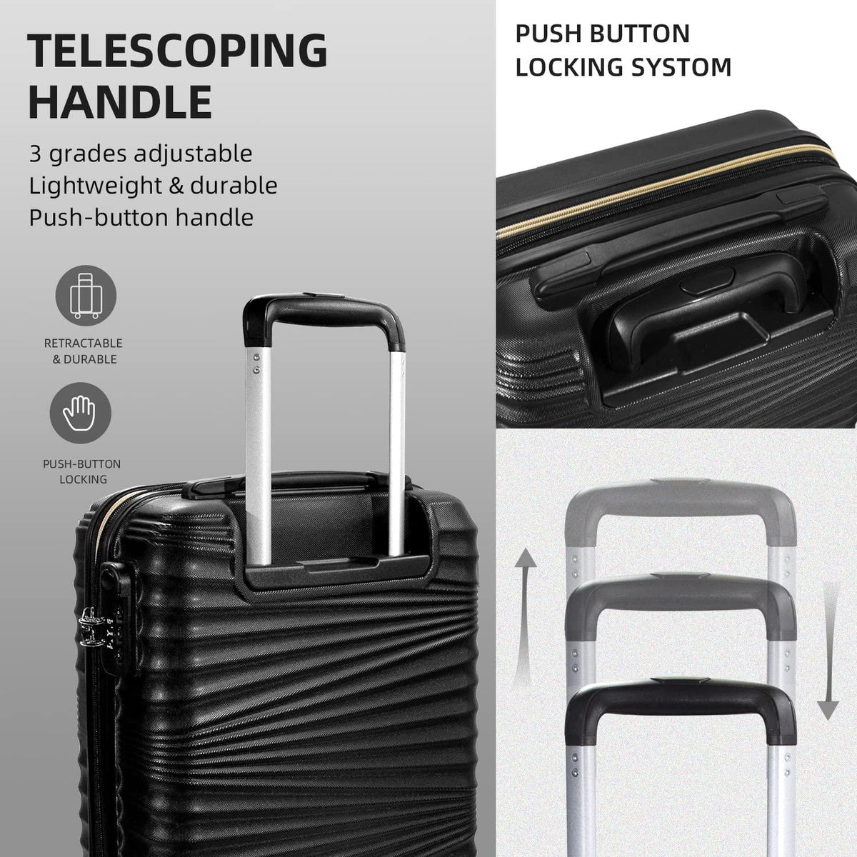 Luggage 5 Piece Sets, LARVENDER Hard Shell Luggage Set Expandable Carry on Luggage Suitcase with Spinner Wheels Durable Lightweight Travel Set for Men Women(14/18/20/24/28, Black)