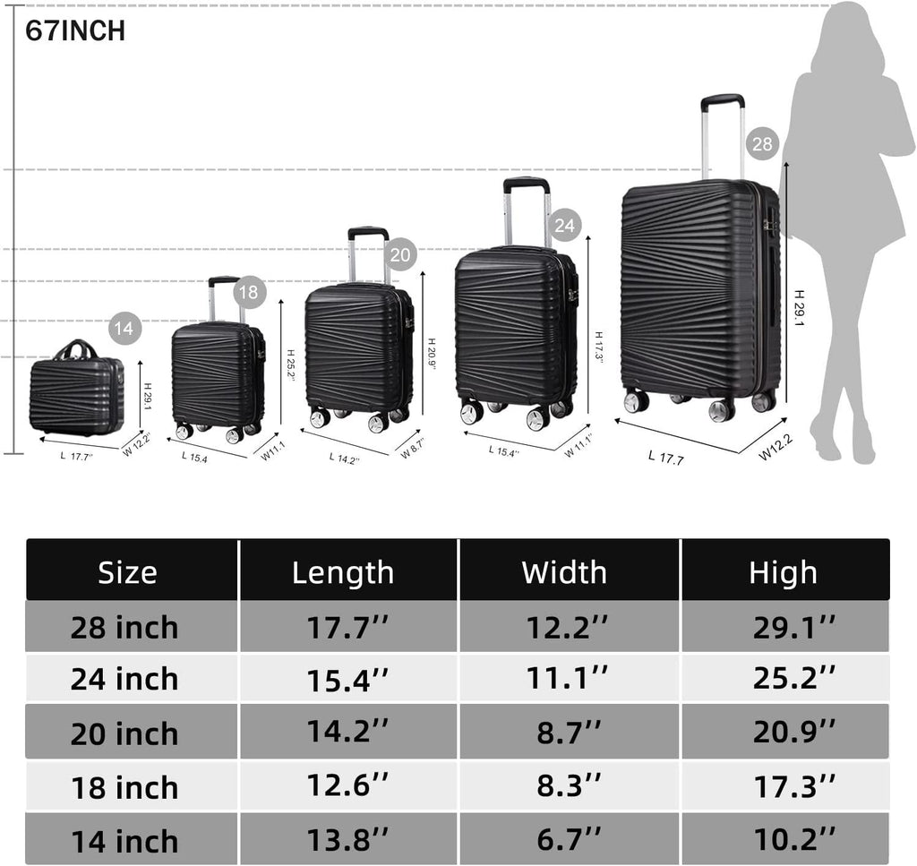 Luggage 5 Piece Sets, Hard Shell Luggage Set Expandable Carry on Luggage Suitcase with Spinner Wheels Durable Lightweight Travel Set for Men Women(14/18/20/24/28, Black)