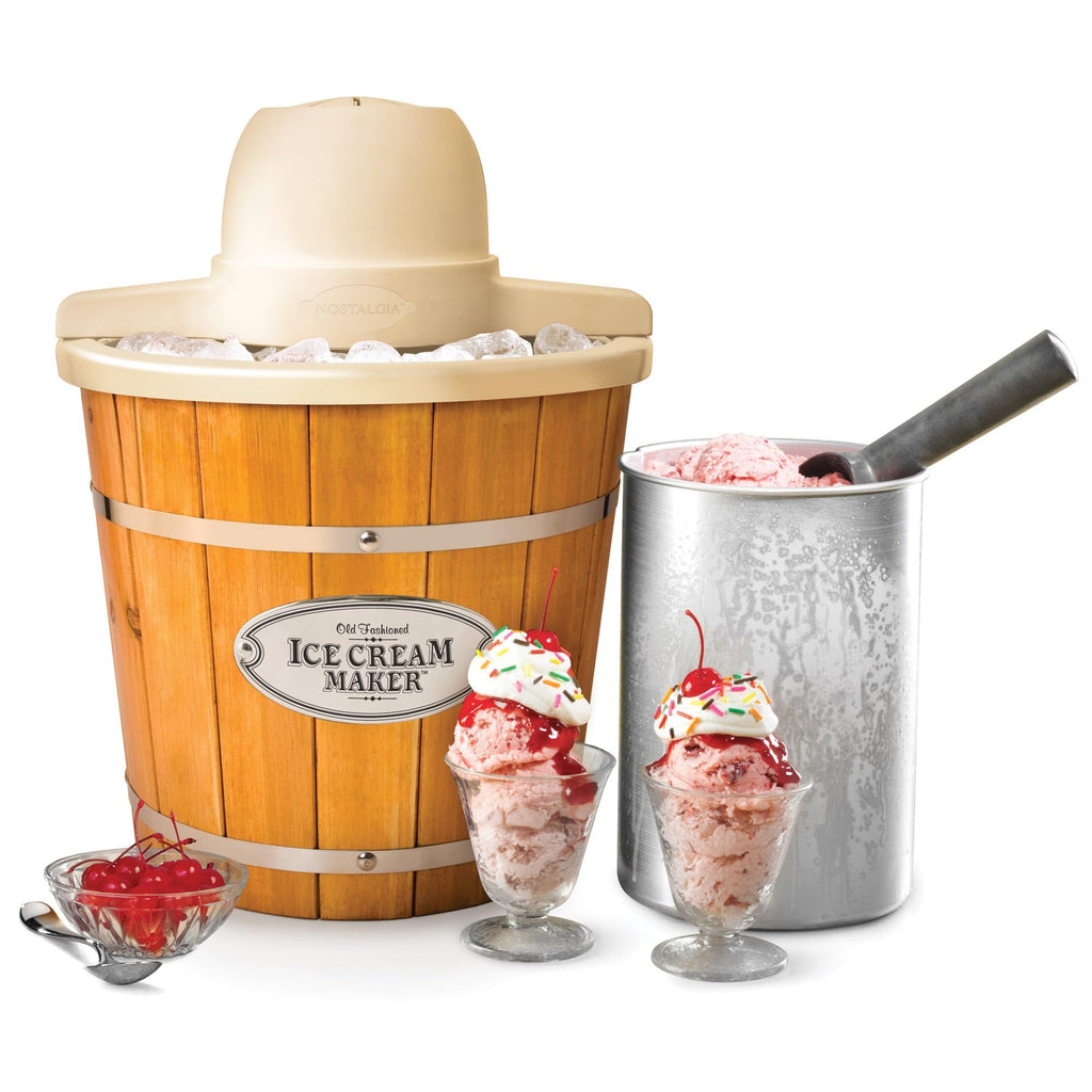 Electric Ice Cream Maker With 4 Qt Capacity- Old Fashioned Ice Cream Machine Makes Frozen Yogurt or Gelato in Minutes-  Wooden Style Ice Cream Maker with Aluminum Canister- Light Wood