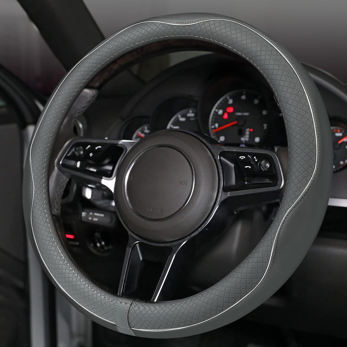 Car Steering Wheel Cover, Anti-Slip, Safety, Soft, Breathable, Heavy Duty, Thick, Full Surround, Sports Style (Gray)