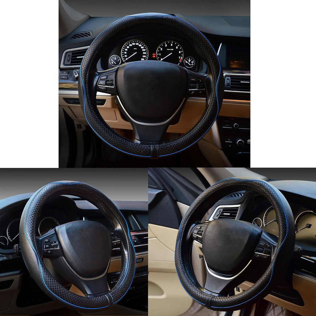 Car Steering Wheel Cover, Anti-Slip, Safety, Soft, Breathable, Heavy Duty, Thick, Full Surround, Sports Style (Black Blue)