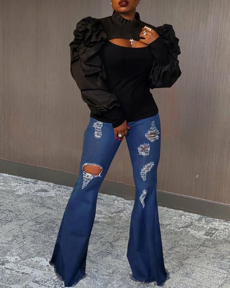 plain puff sleeve cutout top