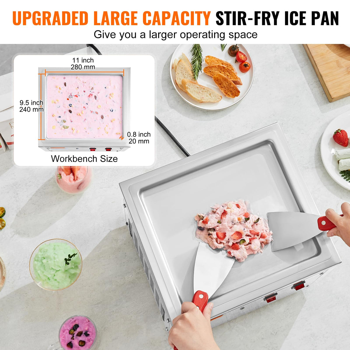 Commercial Ice Roll Maker,Stir-Fried Yogurt Cream Machine 220W, Ice Cream Roll Machine with 9.4" x 11" Square Pan, Button Defrost Method with Food Shovels Perfect for Bars,Cafes Dessert Shops