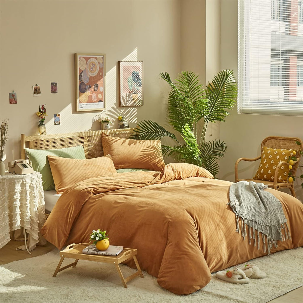 Wellboo Pumpkin Velvet Duvet Cover King Size Women Men Burnt Orange Fluffy Bedding Cover Modern Solid Light Caramel Flannel Quilt Covers Plain Cinnamon Micromink Sherpa Fuzzy Comforter Covers Plush