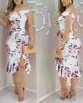 Off Shoulder Slit Ruffles Floral Print Dress